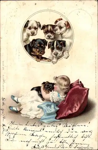 Litho Mädchen mit Hundewelpen