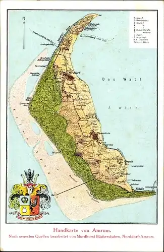 Landkarten Ak Insel Amrum in Nordfriesland, Norddorf, Nebel, Wittdün, Kniepsand, Inselbahn, Watt