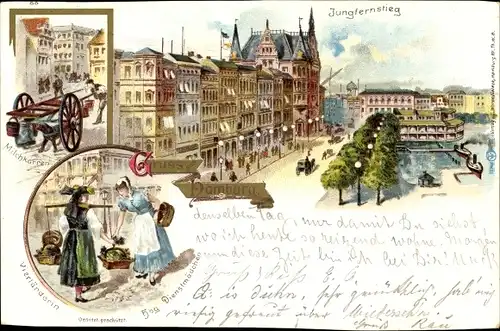 Litho Hamburg, Jungfernstieg, Milchkarren, Vierländerin, Hamburger Dienstmädchen