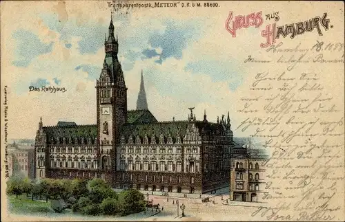 Haltgegendaslicht Litho Hamburg, Ansicht vom Rathaus, Meteor 518