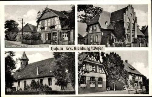 Ak Husum bei Nienburg an der Weser, Geschäft L. A. Oehlerking, Kirche, Giebelhaus, Gasthof