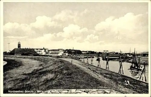 Ak Nordseebad Büsum, Mole vom Nebelhorn aus gesehen, Leuchtturm