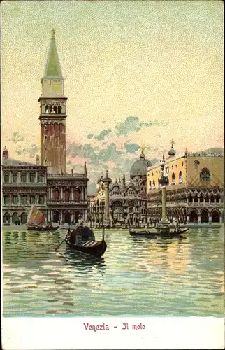 Litho Venezia Venedig Veneto, Il molo, Gondel