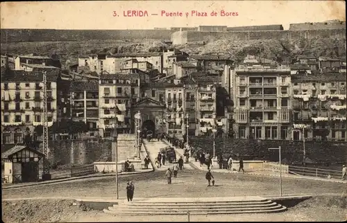 Ak Lérida Lleida Val d'Aran Aran-Tal Katalonien, Brücke und Plaza de Bores