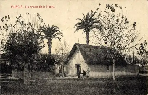 Ak Murcia Spanien, Un rincon de la Huerta, kleines Haus, Palmen