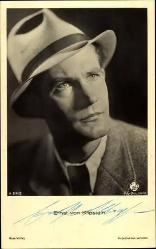 Ak Schauspieler Ernst von Klipstein, Portrait mit Hut, Ross Verlag A 3141 2, Autogramm