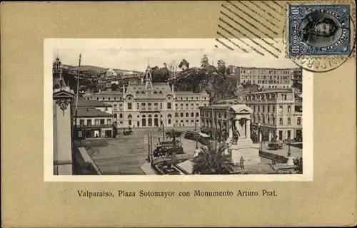 Ak Valparaíso Chile, Plaza Sotomayor mit Arturo-Prat-Denkmal