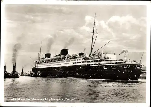 Ak Dampfschiff Europa, Norddeutscher Lloyd Bremen, Abfahrt