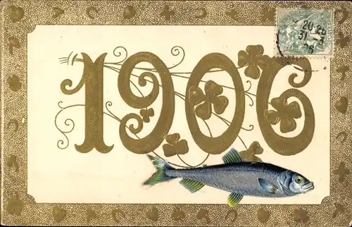 Präge Ak Glückwunsch Neujahr 1906, Glücksklee, Hufeisen, Pilze, Fisch