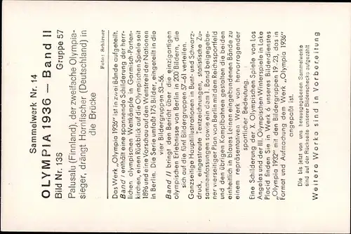 Sammelbild Olympia 1936, Ringer Palusalu und Hornfischer