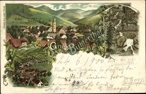 Litho Bühlertal im Schwarzwald, Panorama, Gertelbach Wasserfälle