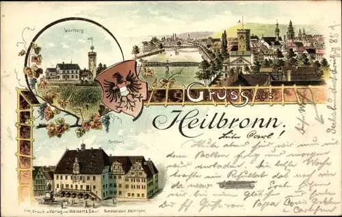 Litho Heilbronn am Neckar, Wartberg, Panorama, Rathaus