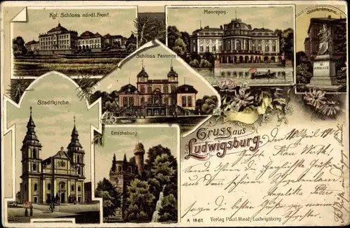 Litho Ludwigsburg in Württemberg, Schloss Favorite, Schloss Monrepos, Stadtkirche, Denkmal