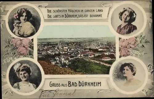 Passepartout Ak Bad Dürkheim am Pfälzerwald, Stadtpanorama, 4 Frauen Portraits