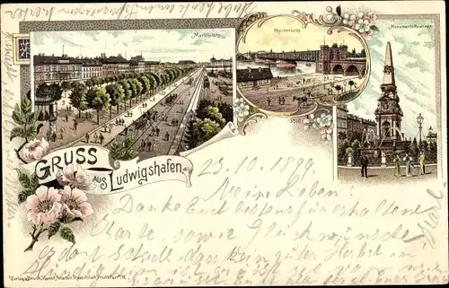 Litho Ludwigshafen am Rhein Rheinland Pfalz, Marktplatz, Rheinbrücke, Monumentalbrunnen