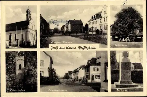 Ak Pfiffligheim Worms am Rhein, Kirche, Alzeyer Straße, Park, Brunnerstraße, Ehrenmal