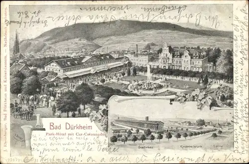 Litho Bad Dürkheim in der Pfalz, Park-Hotel, Kur-Kolonnade, Saline, Kinderheilstätte