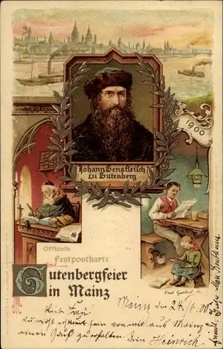 Künstler Litho Mainz am Rhein, Gutenbergfeier 1900, Johann Gensfleisch zu Gutenberg