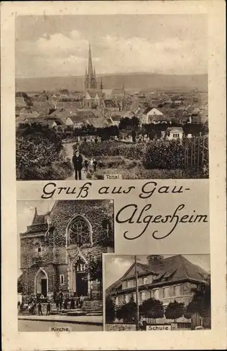 Ak Gau Algesheim am Rhein, Kirche, Schule, Totalansicht