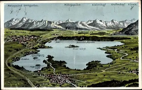 Landkarten Ak Uffing am Staffelsee Oberbayern, Murnau, Insel Wörth, Mittagspitze, Kistenkopf