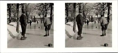 Stereo Foto Winter in Oberbayern Otto Schönstein, Eisstockschießen