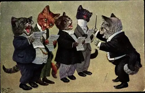 Künstler Ak Thiele, Arthur, Vermenschlichte Katzen als Sänger, Dirigent