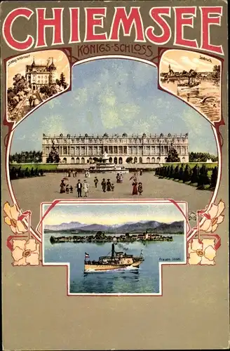 Passepartout Ak Gemeinde Chiemsee, Königsschloss, Schloss Wildenwart, Seebruck, Fraueninsel