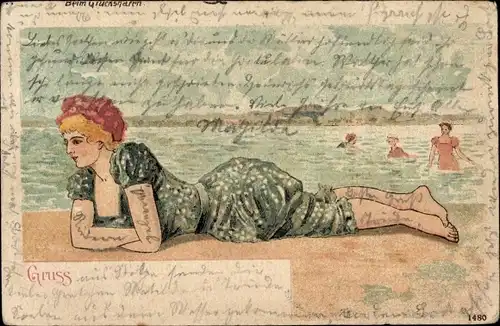 Litho Frau am Strand, beim Glückshafen, Bademode