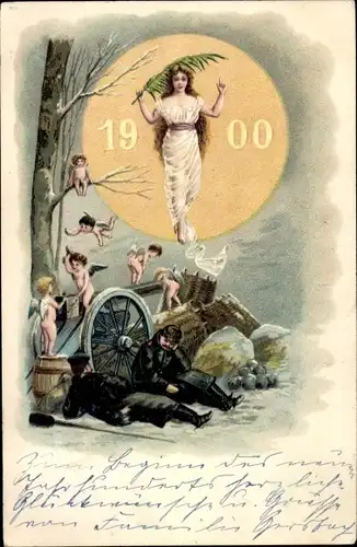 Litho Glückwunsch Neujahr, Jahreszahl 1900, Engel, Soldaten, Geschütz