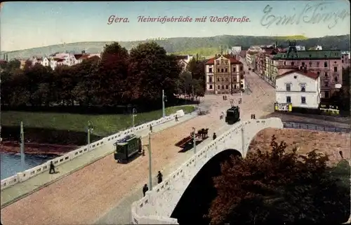 Ak Gera in Thüringen, Heinrichsbrücke, Waldstraße, Straßenbahn