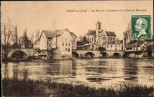 Ak Moret sur Loing Seine et Marne, Les Moulins, la Cathedrale, Porte de Bourgogne