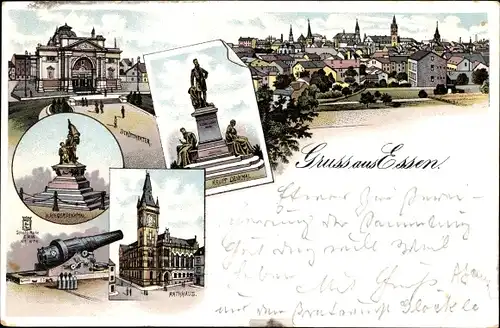 Litho Essen, Kriegerdenkmal, Kanone, Rathaus, Krupp Denkmal