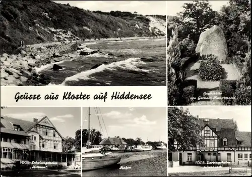 Ak Kloster Insel Hiddensee, Grabstätte von Gerhard Hauptmann, Hafen, FDGB Erholungsheim