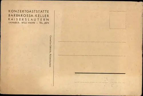 Ak Kaiserslautern in der Pfalz, Konzertgasstätte Barbarossa-Keller