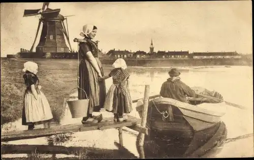 Ak Overzetveer Arnemuiden, Niederländische Volkstracht, Windmühle