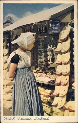 Ak Zeeland, Frau in Tracht, Holzschuhe