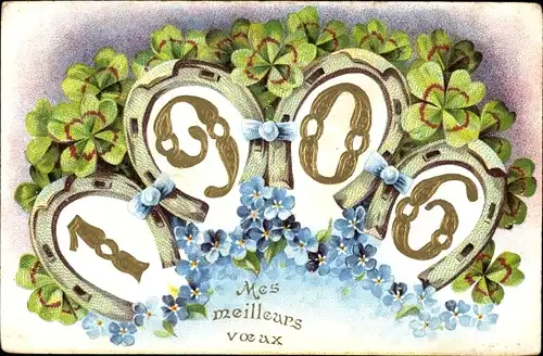 Präge Litho Glückwunsch Neujahr 1906, Kleeblatt, Vergissmeinnicht