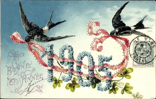 Präge Litho Glückwunsch Neujahr, Jahreszahl 1905, Schwalben