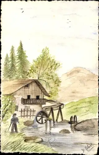 Handgemalt Ak Wassermühle