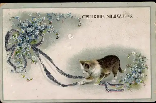 Ak Glückwunsch Neujahr, Katze, Schleife, Vergissmeinnicht