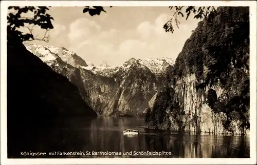 Ak Sankt Bartholomä Schönau am Königssee, Falkenstein, Schönfeldspitze, Boot