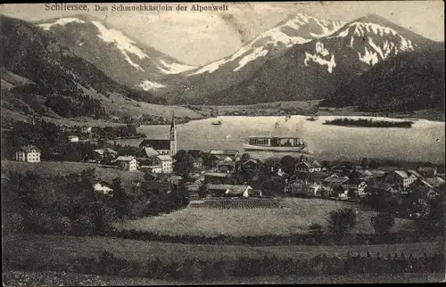 Ak Schliersee in Oberbayern, Alpen, Panorama, Boot