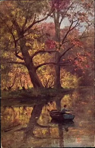 Künstler Ak Gerstenhauer, Johann Georg, Angler in einem Ruderboot, Herbstlandschaft