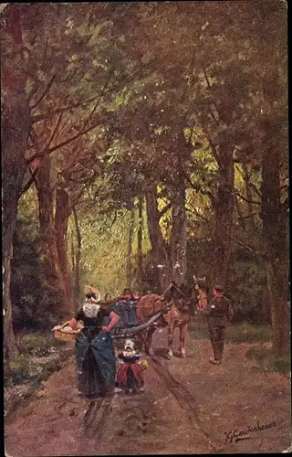 Künstler Ak Gerstenhauer, Johann Georg, niederländisches Motiv, Waldweg, Fuhrwerk, Tracht