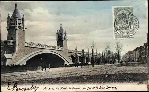 Ak Antwerpen Antwerpen Flandern, Eisenbahnbrücke und Rue Simons