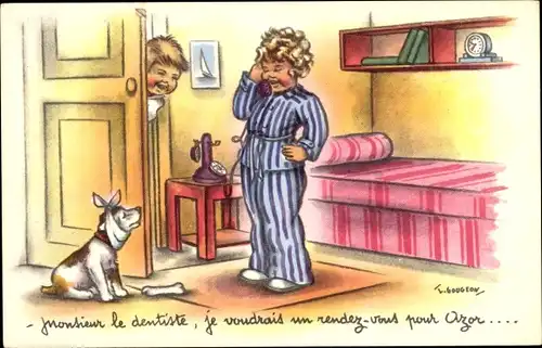 Künstler Ak Gougeon, Frau beim Telefonieren, Telefon, Kranker Hund mit Verband