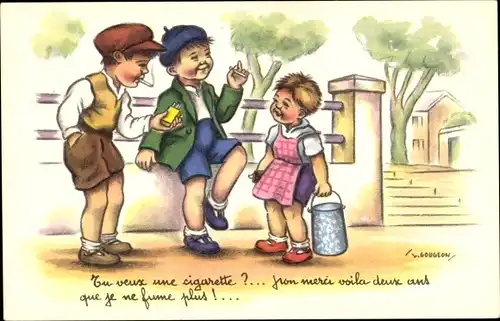 Künstler Ak Gougeon, Kinder beim Rauchen, Zigarette, Mädchen mit Milchkanne