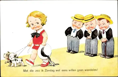 Ak Mädchen geht mit Hunden Gassi, Neugierige Jungen