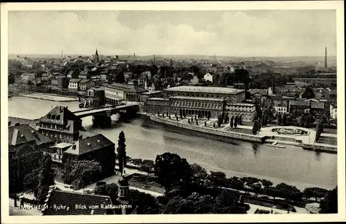 Ak Mülheim an der Ruhr, Rathausturm, Brücke, Schornsteine