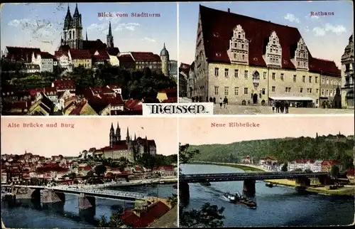Ak Meißen an der Elbe, Rathaus, Alte Brücke, Burg, Neue Elbbrücke